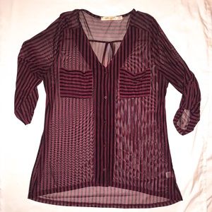 Burgundy & Black Stripe Button Down Short Blouse